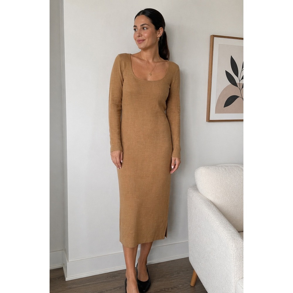 French‎ Connection Womens Camel Tan Scoop Neck Long Sleeve Knit Sweater Dress M